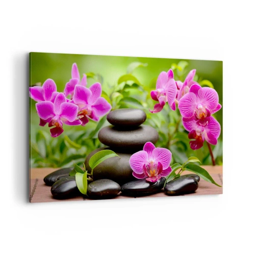 Obraz na płótnie - Różowe orchidee z kamieniami na tle zieleni - 120x80cm - Piramida spokoju - Nowoczesna dekoracja ścienna do salonu, kuchni i sypialni ARTTOR