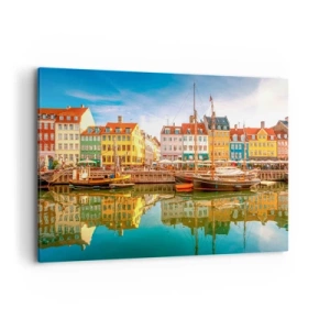 Obraz na płótnie - Kolorowe kamienice nad kanałem w Kopenhadze - 120x80cm - Nad wodą gładką jak lustro - Nowoczesna dekoracja ścienna do salonu, kuchni i sypialni ARTTOR