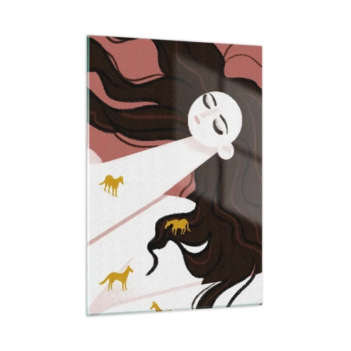Obraz na szkle - Kobieta z długimi włosami i złotymi końmi na tle różu - 50x70cm - Sen o złotym koniu - Nowoczesna dekoracja ścienna do salonu, kuchni i sypialni ARTTOR