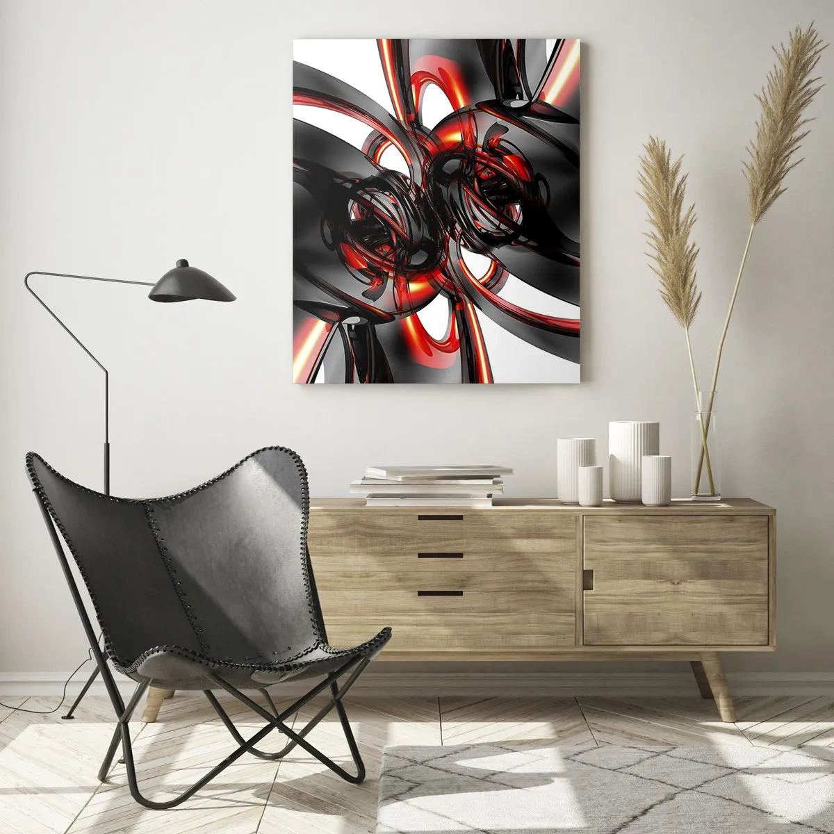 Obraz na szkle - Nowoczesna abstrakcja w czerni i czerwieni - 50x70cm - Ruch w graficie i czerwieni - Nowoczesna dekoracja ścienna do salonu, kuchni i sypialni ARTTOR