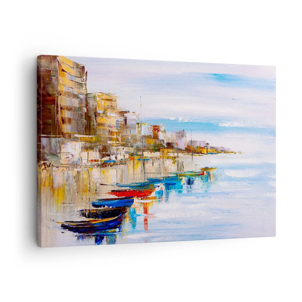 Obraz na płótnie - Kolorowe łodzie przy brzegu z widokiem na miejską panoramę - 70x50cm - Wielobarwna miejska przystań - Nowoczesna dekoracja ścienna do salonu i sypialni ARTTOR