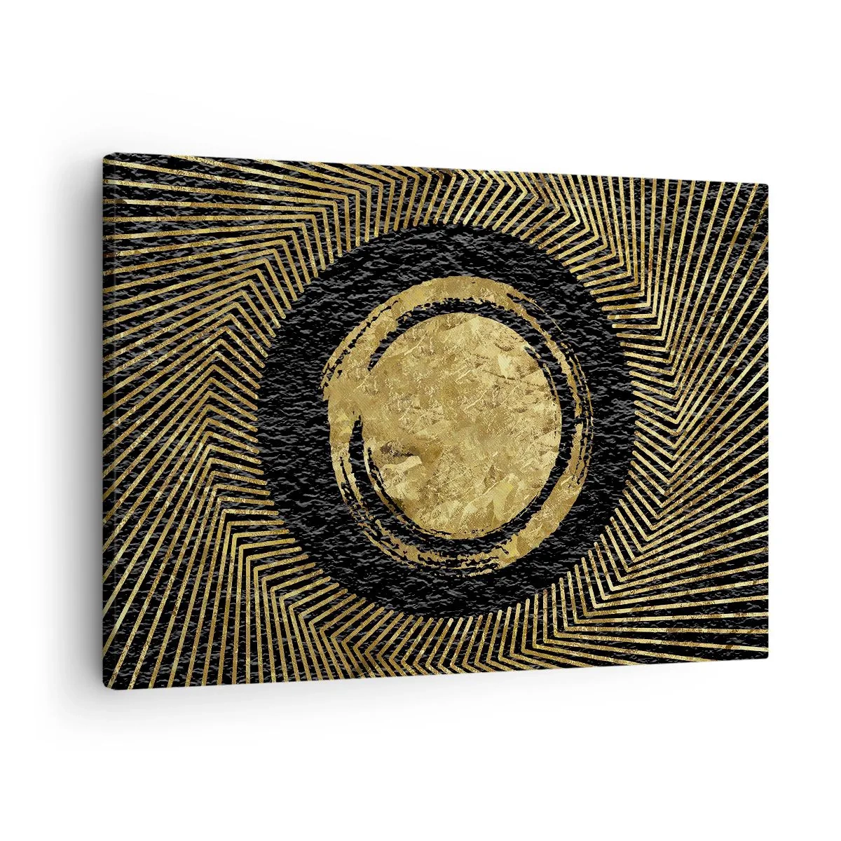 Obraz na płótnie - Geometryczna kompozycja w czerni i złocie z promieniami - 70x50cm - Kompozycja glamour - Nowoczesna dekoracja ścienna do salonu i sypialni ARTTOR