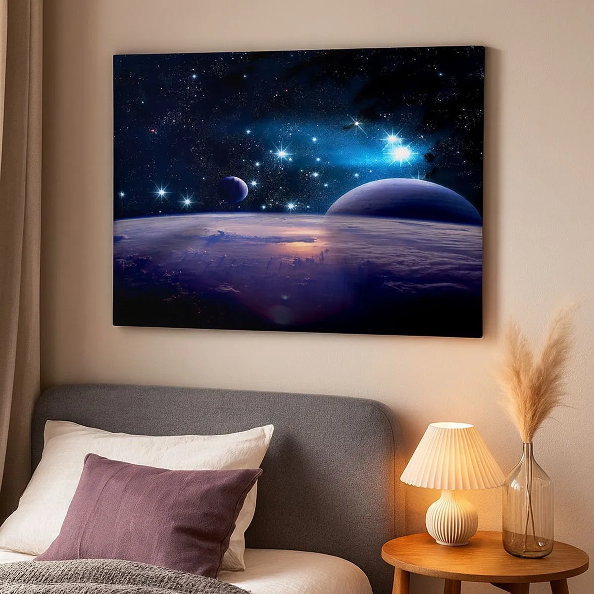 Obraz na płótnie - Widok na przestrzeń kosmiczną z planetami i gwiazdami - 70x50cm - Wciąż sami? - Nowoczesna dekoracja ścienna do salonu i sypialni ARTTOR