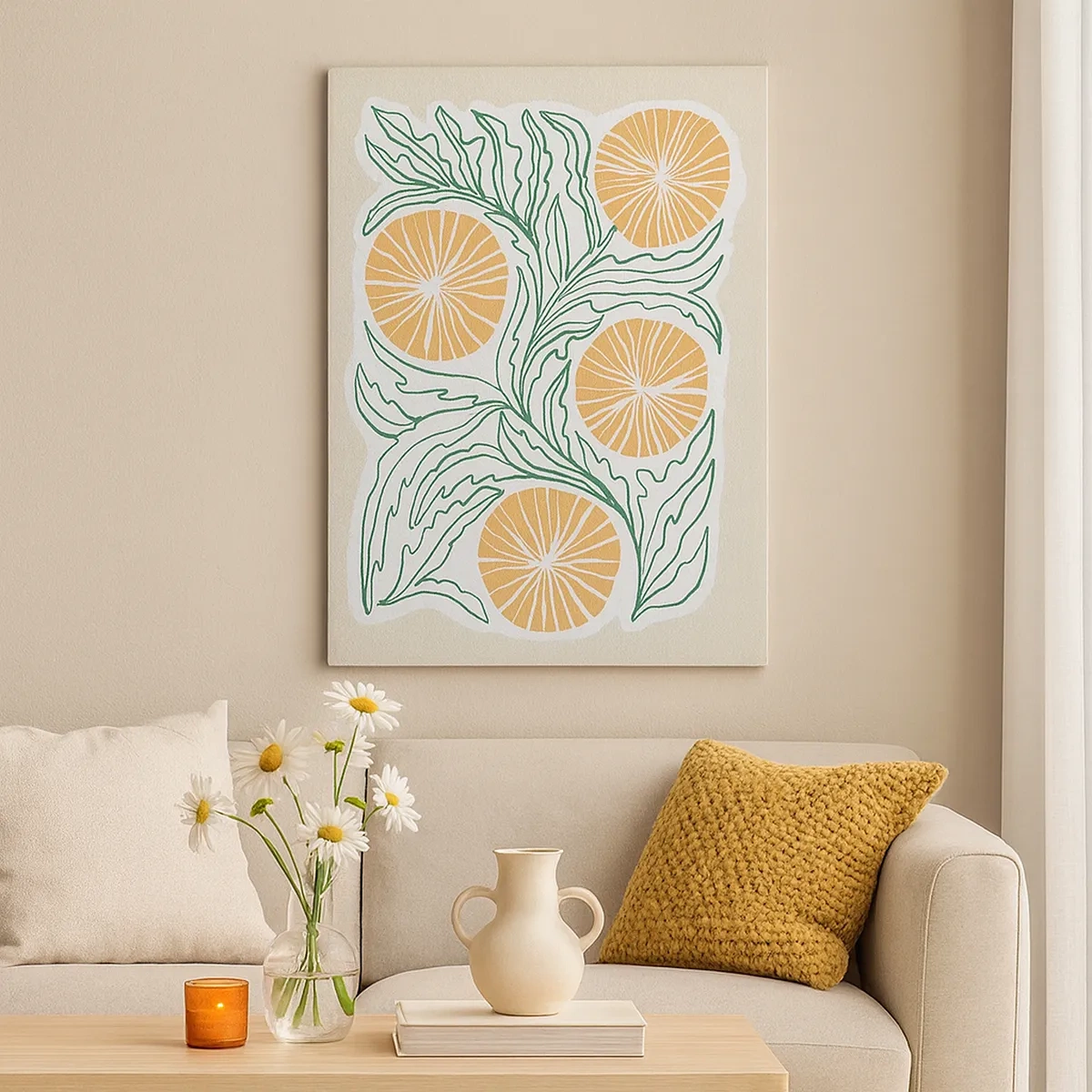 Obraz na płótnie - Stylizowane cytrusy i etniczne wzory - 50x70cm - Etnicznie z nutą abstrakcji - Nowoczesna dekoracja ścienna do salonu, kuchni i sypialni ARTTOR