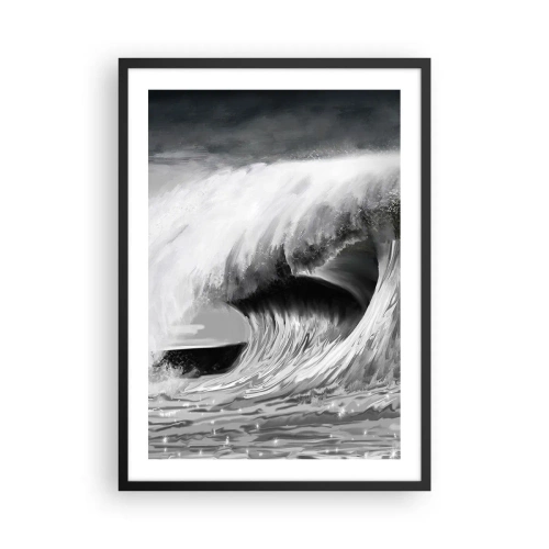 Plakat w czarnej ramie - Potężna fala w odcieniach szarości - 50x70cm - Gniew oceanu - Nowoczesna dekoracja ścienna do salonu i sypialni ARTTOR