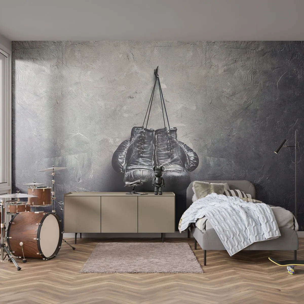Fototapeta Premium Canvas - Stare rękawice bokserskie na tle ściany - 100x70cm - Czas walki i czas pokoju - Nowoczesna dekoracja ścienna do salonu i sypialni ARTTOR