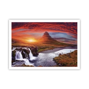 Plakat - Górska sceneria z wodospadem o zachodzie słońca - 100x70cm - Widok Śródziemia - Nowoczesna dekoracja ścienna do salonu i sypialni ARTTOR