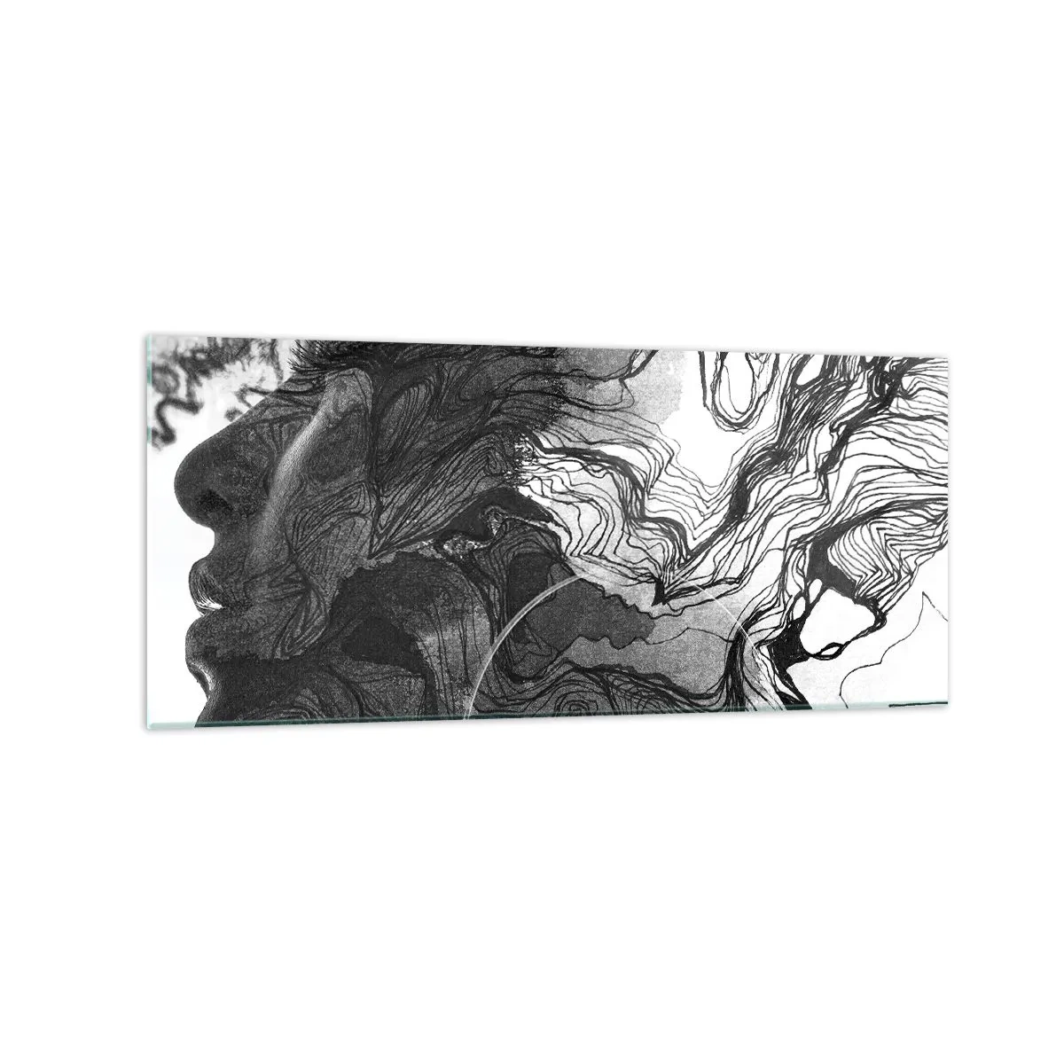 Obraz na szkle - Abstrakcyjna twarz w czerni i bieli z dynamicznymi liniami - 120x50cm - Zaplątana w marzeniach - Nowoczesna dekoracja ścienna do salonu i sypialni ARTTOR