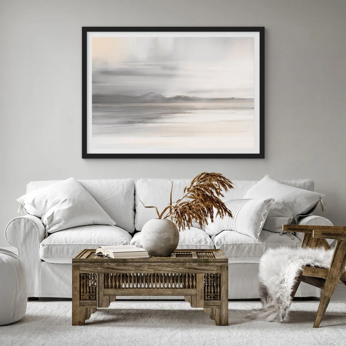 Plakat w czarnej ramie - Subtelny pejzaż w odcieniach szarości i beżu - 100x70cm - Zamyślona dal - Nowoczesna dekoracja ścienna do salonu i sypialni ARTTOR