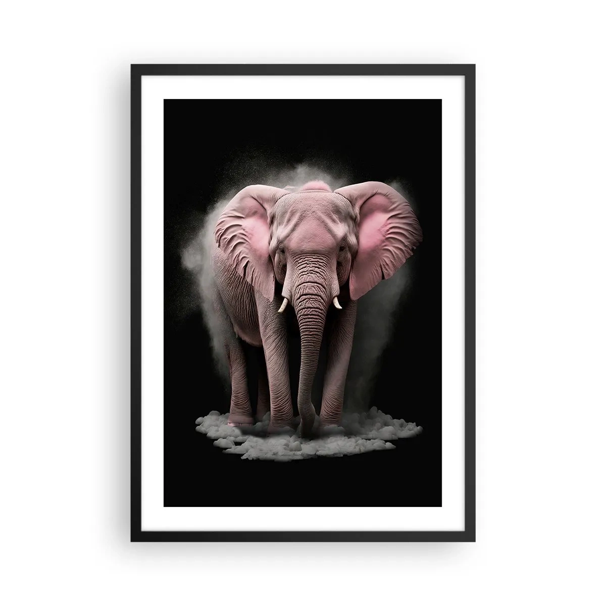 Plakat w czarnej ramie - Różowy słoń w dynamicznej, czarnej przestrzeni - 50x70cm - Nie myśl o różowym słoniu! - Nowoczesna dekoracja ścienna do salonu i sypialni ARTTOR