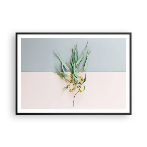 Plakat w czarnej ramie - Gałązka z liśćmi na tle pastelowych odcieni - 100x70cm - Pastelowa subtelność - Nowoczesna dekoracja ścienna do salonu i sypialni ARTTOR
