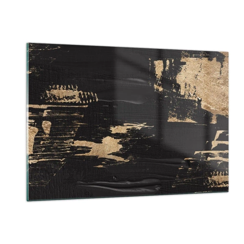 Obraz na szkle - Czarno-złota abstrakcja z fakturą przypominającą pociągnięcia pędzla - 120x80cm - Ślad dotyku - Nowoczesna dekoracja ścienna do salonu, kuchni i sypialni ARTTOR