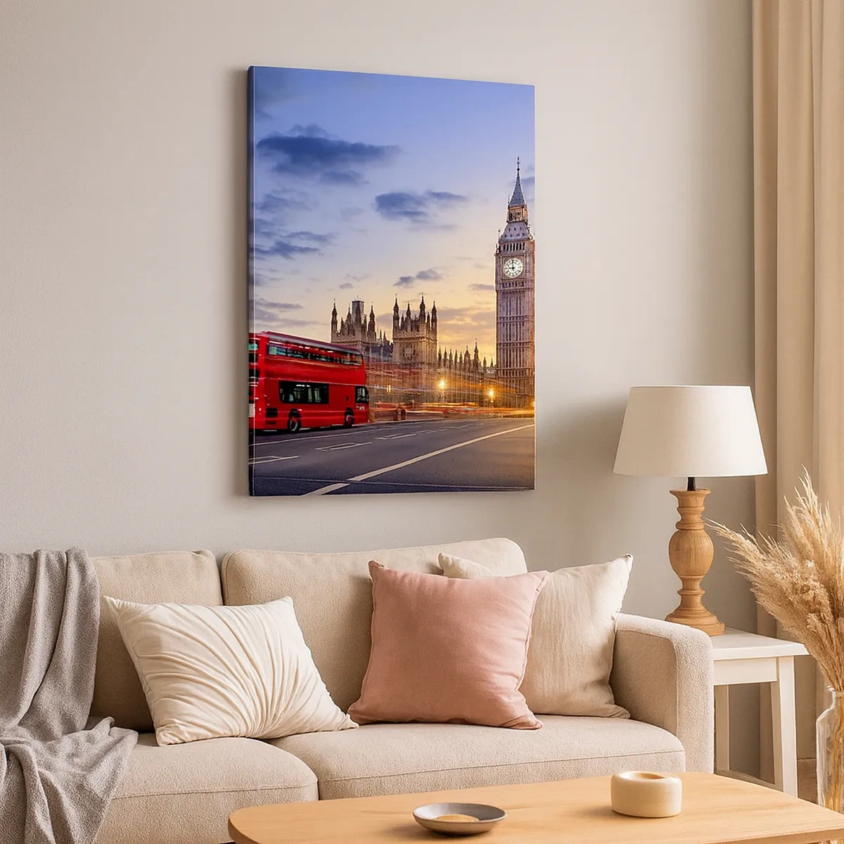 Obraz na płótnie - Big Ben i czerwony autobus w Londynie o zachodzie słońca - 50x70cm - Znaki szczególne - Nowoczesna dekoracja ścienna do salonu, kuchni i sypialni ARTTOR