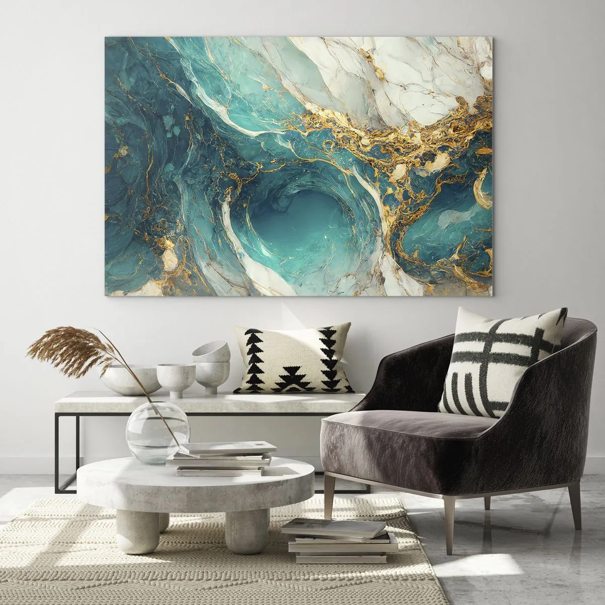 Obraz na szkle - Abstrakcyjna kompozycja z turkusem i złotymi żyłami - 70x50cm - Kompozycja z żyłami złota - Nowoczesna dekoracja ścienna do salonu i sypialni ARTTOR
