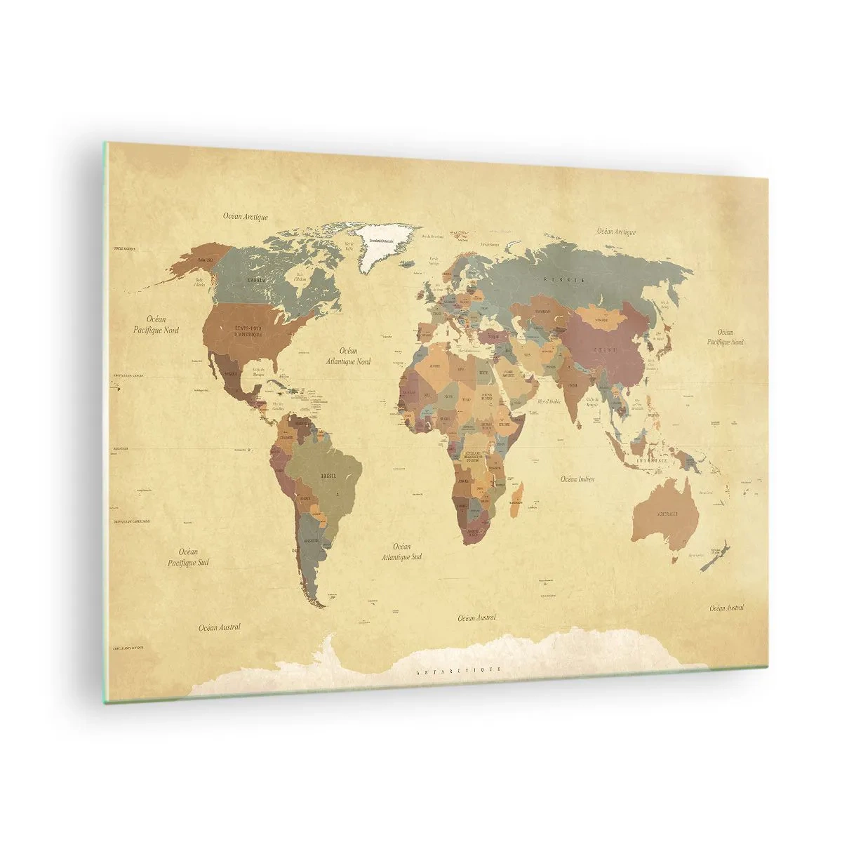 Obraz na szkle - Mapa świata w odcieniach beżu i brązu na tle w stylu vintage - 70x50cm - Dla ciebie - cały świat - Nowoczesna dekoracja ścienna do salonu i sypialni ARTTOR