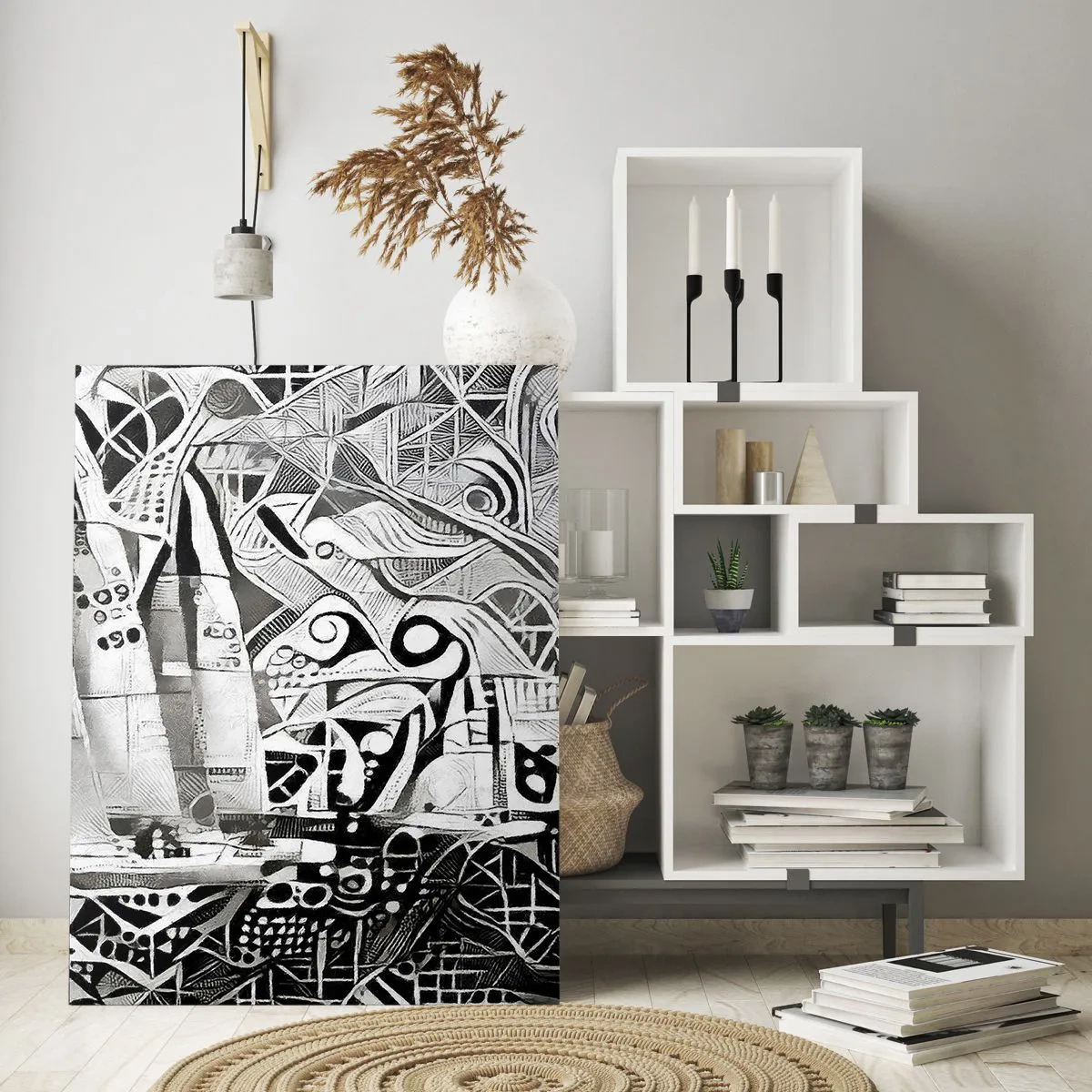 Obraz na szkle - Czarno-biała abstrakcja z żaglówkami i geometrycznymi wzorami - 50x70cm - Między falami - Nowoczesna dekoracja ścienna do salonu, kuchni i sypialni ARTTOR