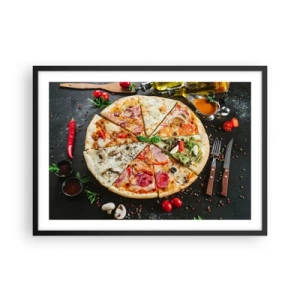 Plakat w czarnej ramie - Pizza w różnych smakach na tle z dodatkami - 70x50cm - Wachlarz smaków - Nowoczesna dekoracja ścienna do salonu i sypialni ARTTOR