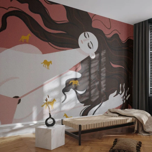 Fototapeta Premium Canvas - Postać z zamkniętymi oczami otoczona złotymi końmi - 100x70cm - Sen o złotym koniu - Nowoczesna dekoracja ścienna do salonu i sypialni ARTTOR