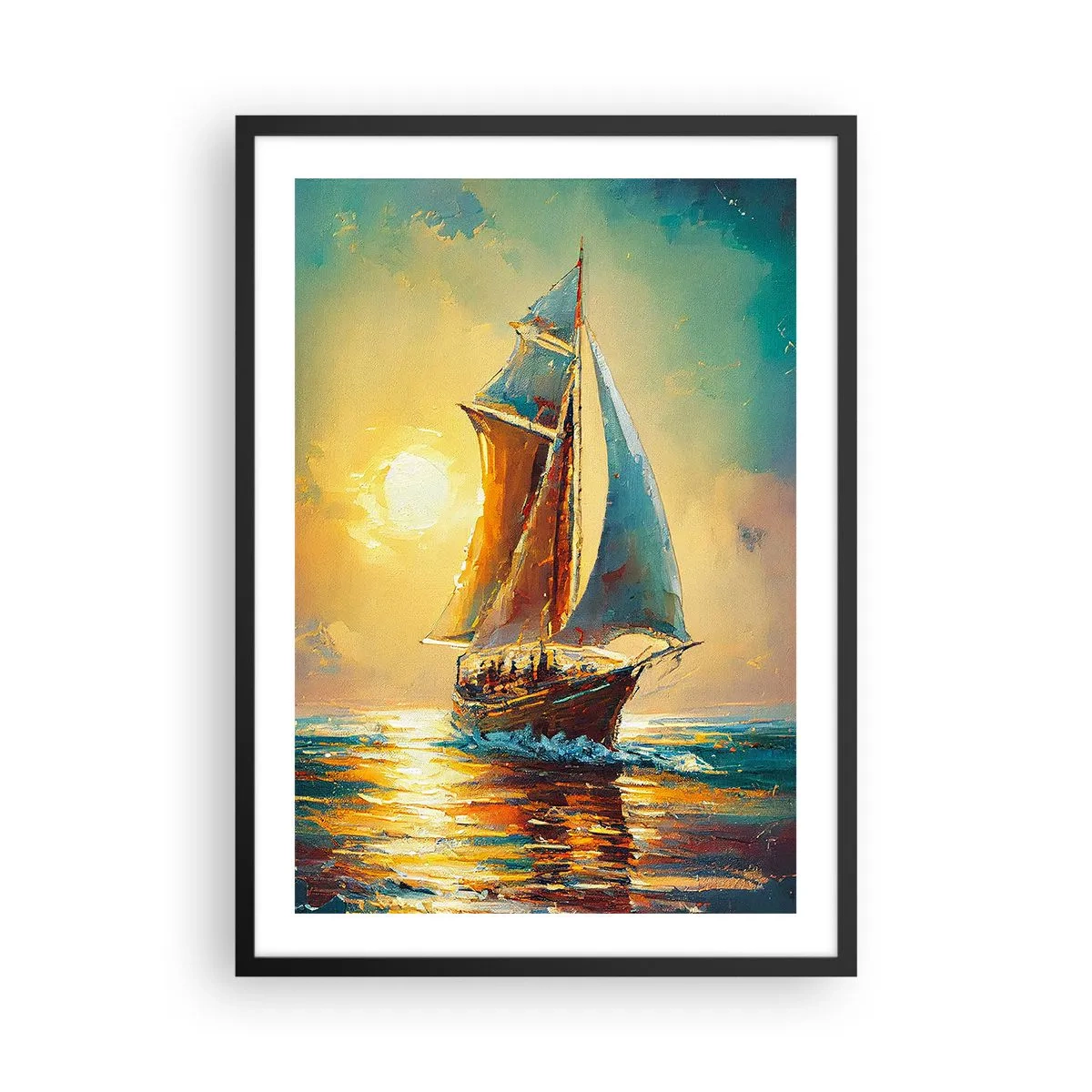Plakat w czarnej ramie - Żaglowiec na tle złocistego zachodu słońca - 50x70cm - Pod pełnymi żaglami - Nowoczesna dekoracja ścienna do salonu i sypialni ARTTOR