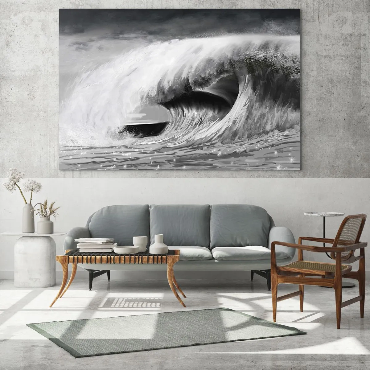 Obraz na szkle - Potężna fala uchwycona w czarno-białej estetyce - 70x50cm - Gniew oceanu - Nowoczesna dekoracja ścienna do salonu i sypialni ARTTOR