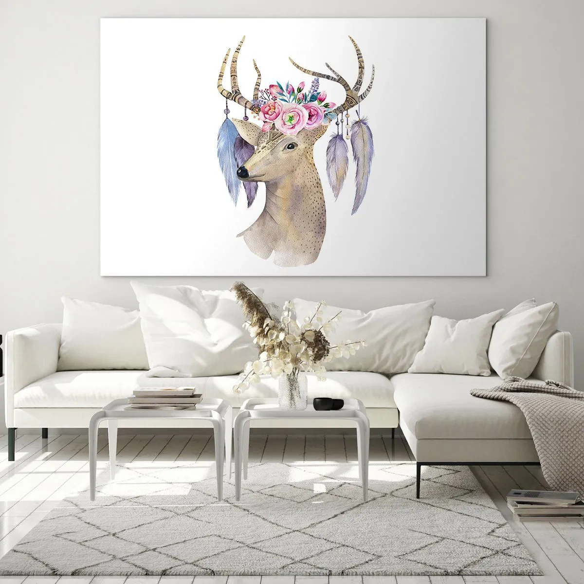 Obraz na szkle - Jeleń z kwiatowym wiankiem i piórami - 120x80cm - Przewodnik duszy - delikatny, niewinny - Nowoczesna dekoracja ścienna do salonu, kuchni i sypialni ARTTOR