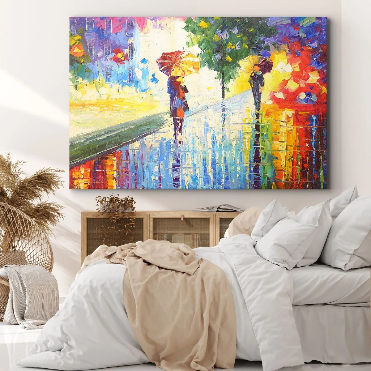 Obraz na płótnie - Spacer z parasolką w kolorowym deszczowym pejzażu - 70x50cm - I wszystko jasne - Nowoczesna dekoracja ścienna do salonu i sypialni ARTTOR