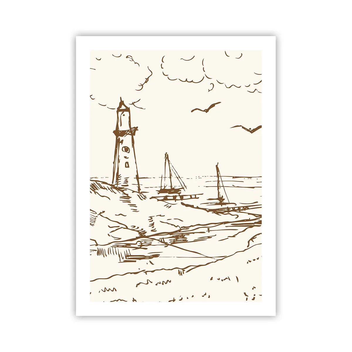Plakat - Latarnia morska z łodziami i ptakami - 50x70cm - Zarys wspomnienia lata - Nowoczesna dekoracja ścienna do salonu, kuchni i sypialni ARTTOR