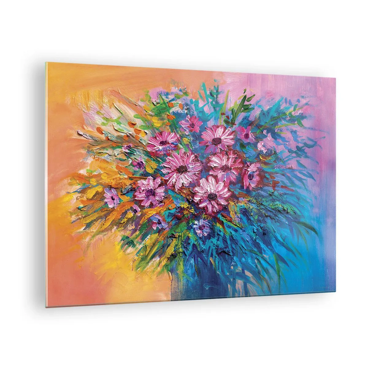 Obraz na szkle - Bukiet różowych kwiatów w artystycznej, kolorowej kompozycji - 70x50cm - Energia życia - Nowoczesna dekoracja ścienna do salonu i sypialni ARTTOR