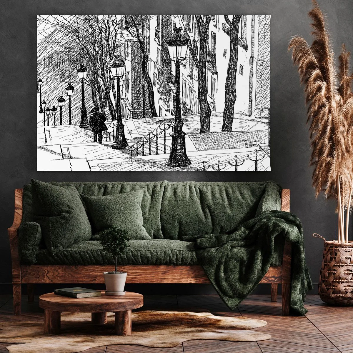 Obraz na płótnie - Ulica z lampami i sylwetką człowieka w technice szkicowej - 70x50cm - Historia miłosna czy opowieśc grozy? - Nowoczesna dekoracja ścienna do salonu i sypialni ARTTOR