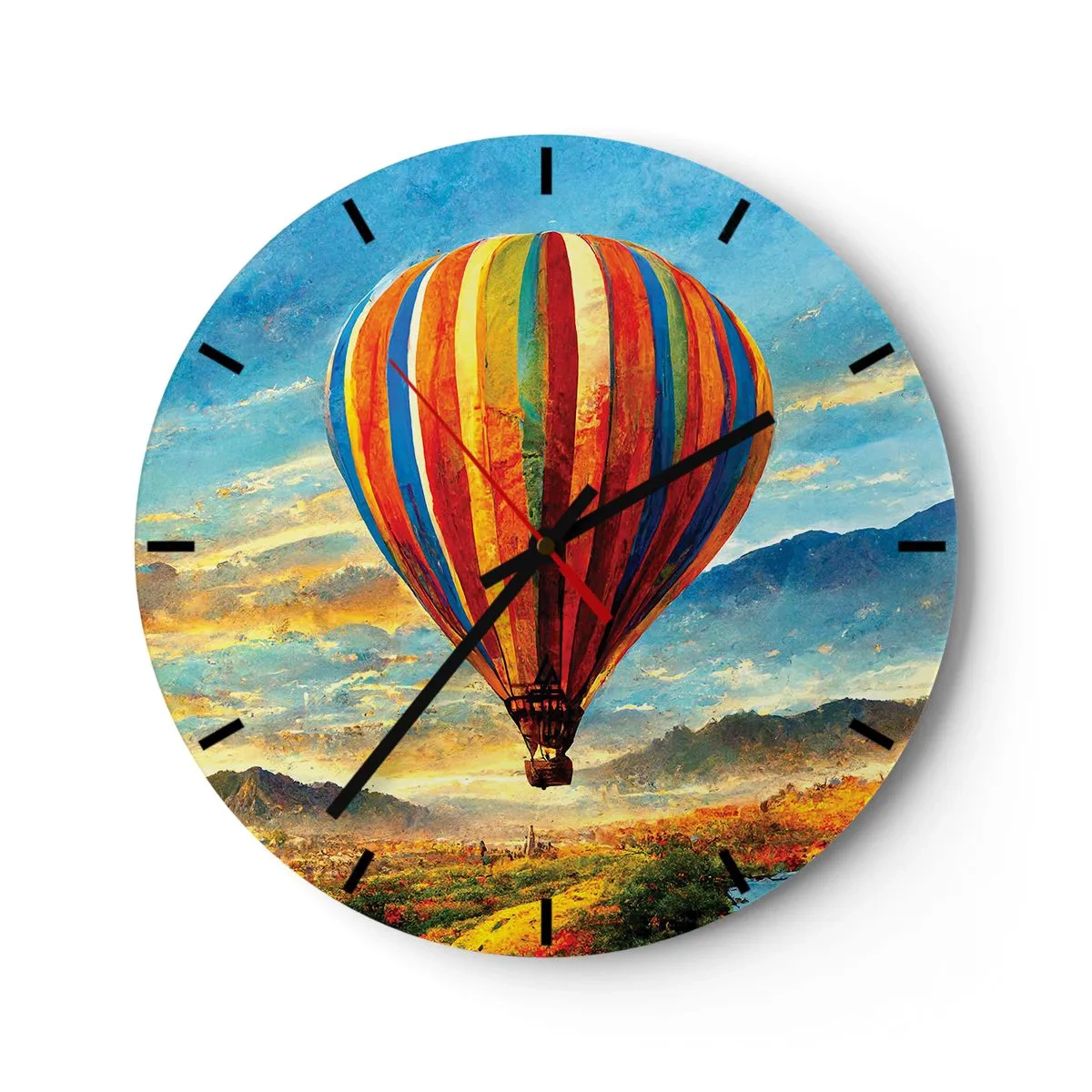 Zegar ścienny - Kolorowy balon na tle górskiego pejzażu o wschodzie słońca - 30x30cm - W ciszy widać więcej - Nowoczesna dekoracja ścienna do salonu, kuchni i sypialni ARTTOR