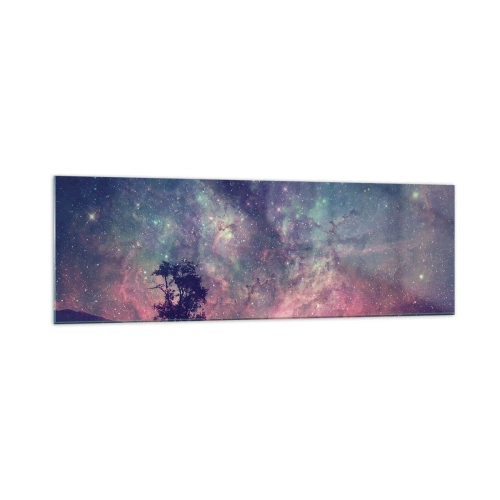 Obraz na szkle - Drzewo na tle gwiaździstego nieba w fioletowo-niebieskich barwach - 160x50cm - Pod magicznym niebem - Nowoczesna dekoracja ścienna do salonu i sypialni ARTTOR