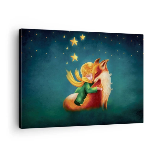 Obraz na płótnie - Chłopiec z lisem w magicznej scenerii z gwiazdami - 70x50cm - Mały Książę - Nowoczesna dekoracja ścienna do salonu i sypialni ARTTOR