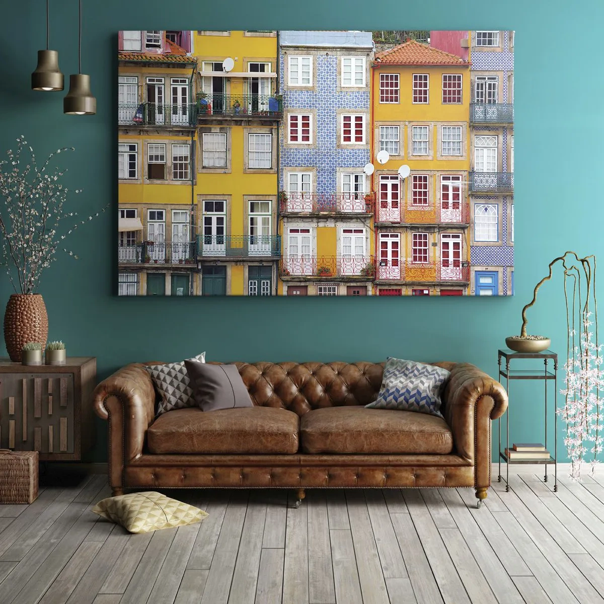 Obraz na płótnie - Kolorowe fasady kamienic w miejskim krajobrazie - 70x50cm - Barwy starego miasta - Nowoczesna dekoracja ścienna do salonu i sypialni ARTTOR