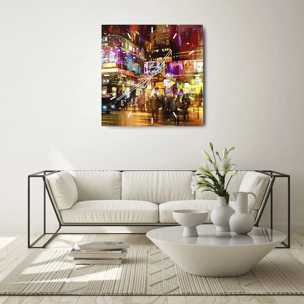 Zegar ścienny - Tętniące życiem miasto nocą w świetle neonów - 30x30cm - W morzu światła - Nowoczesna dekoracja ścienna do salonu i sypialni ARTTOR