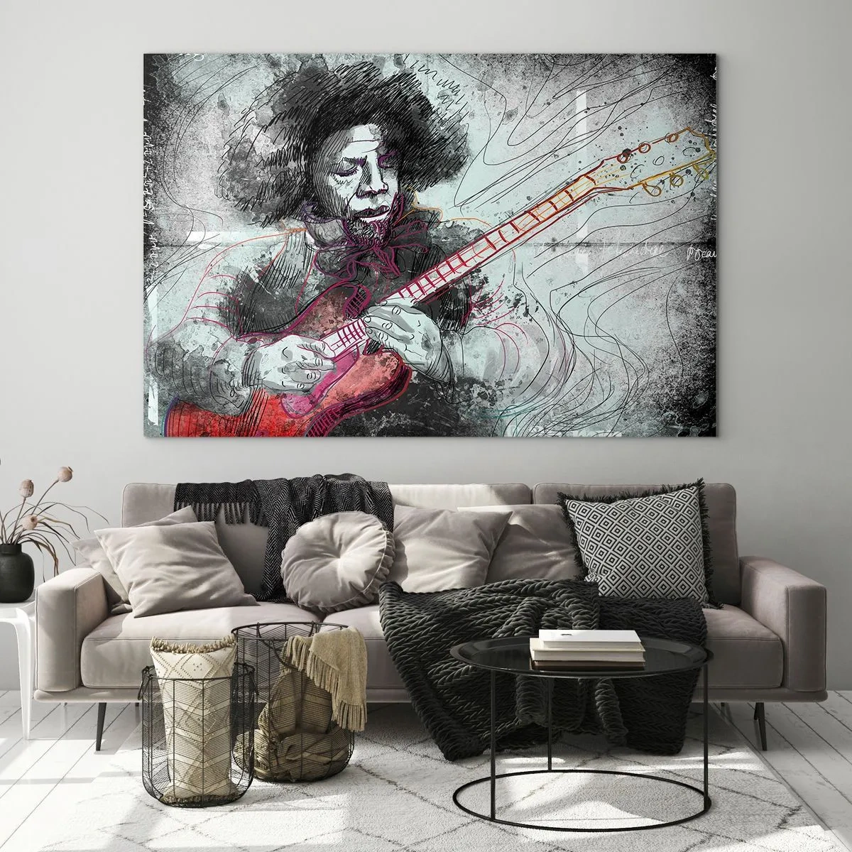 Obraz na szkle - Artystyczny portret muzyka z gitarą elektryczną - 100x70cm - Na falach muzyki - Nowoczesna dekoracja ścienna do salonu, kuchni i sypialni ARTTOR