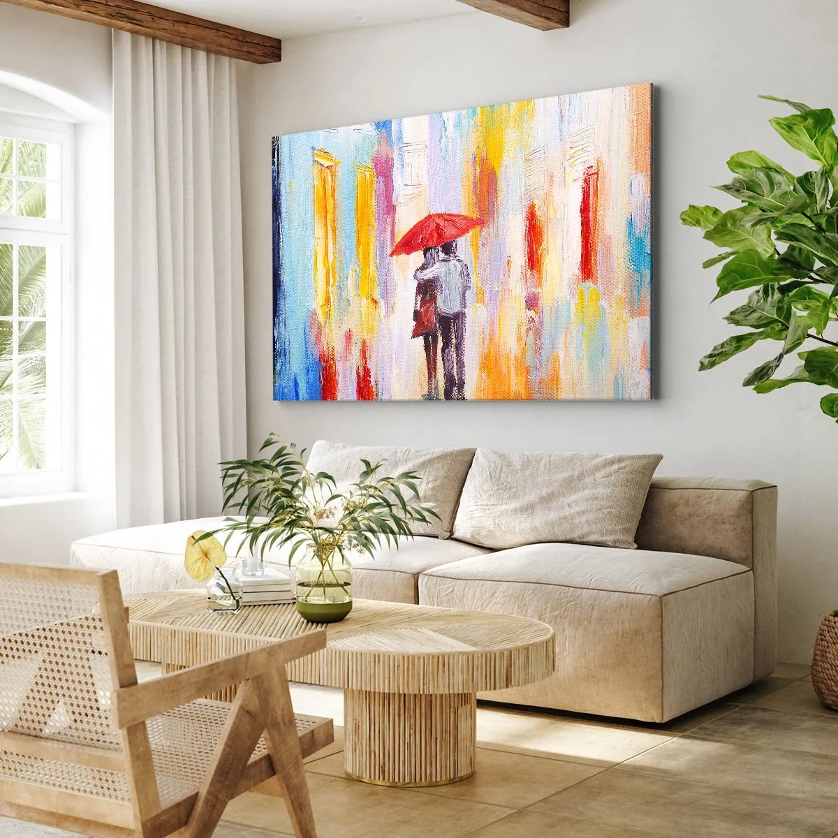 Obraz na płótnie - Para pod czerwoną parasolką na tle kolorowych budynków - 70x50cm - Niech pada dalej - Nowoczesna dekoracja ścienna do salonu i sypialni ARTTOR