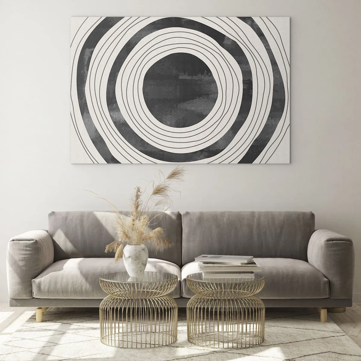 Obraz na szkle - Czarno-białe koncentryczne kręgi o nieregularnym konturze - 70x50cm - W samo sedno - Nowoczesna dekoracja ścienna do salonu i sypialni ARTTOR