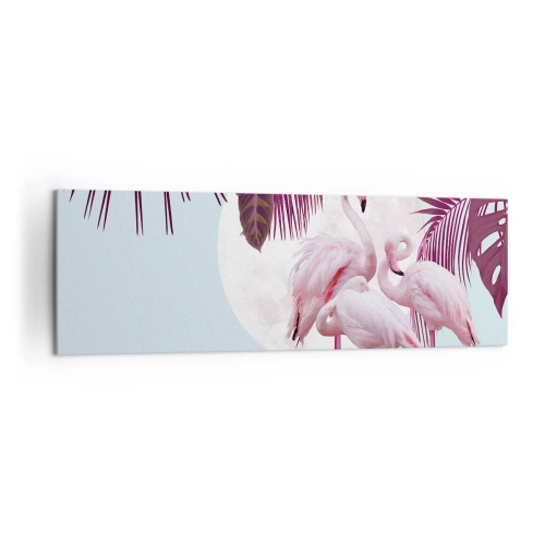 Obraz na płótnie - Różowe flamingi na tle księżyca i tropikalnych liści - 160x50cm - Trzy ptasie gracje - Nowoczesna dekoracja ścienna do salonu i sypialni ARTTOR