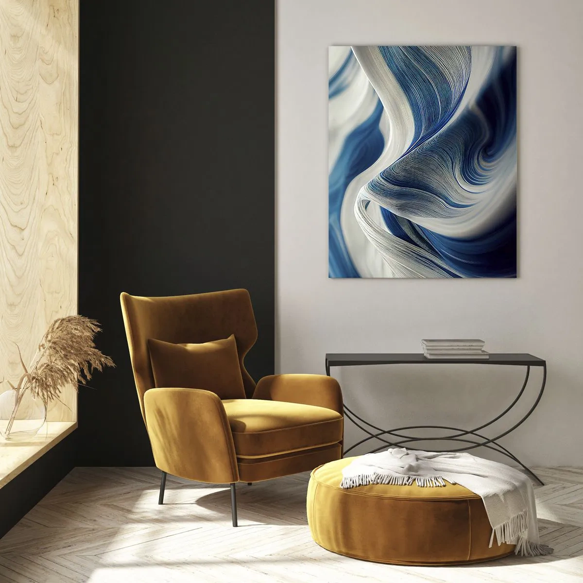 Obraz na szkle - Dynamiczna abstrakcja w odcieniach błękitu i bieli - 50x70cm - Płynność błękitu i bieli - Nowoczesna dekoracja ścienna do salonu, kuchni i sypialni ARTTOR