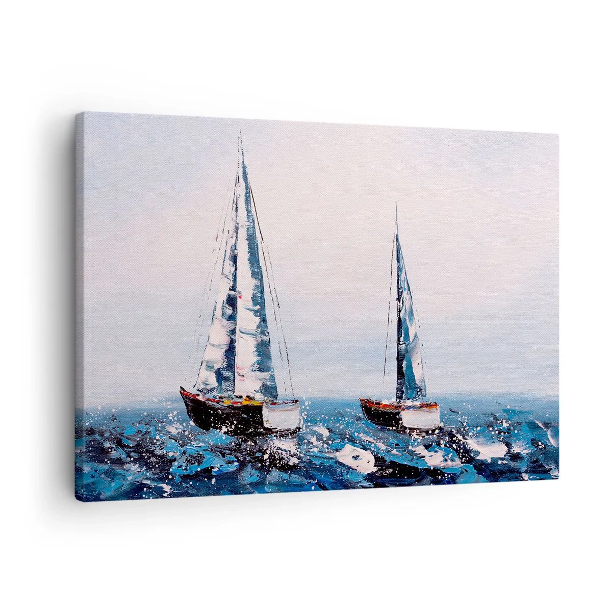 Obraz na płótnie - Żaglówki na wzburzonym morzu w malarskiej kompozycji - 70x50cm - Braterstwo wiatru - Nowoczesna dekoracja ścienna do salonu i sypialni ARTTOR