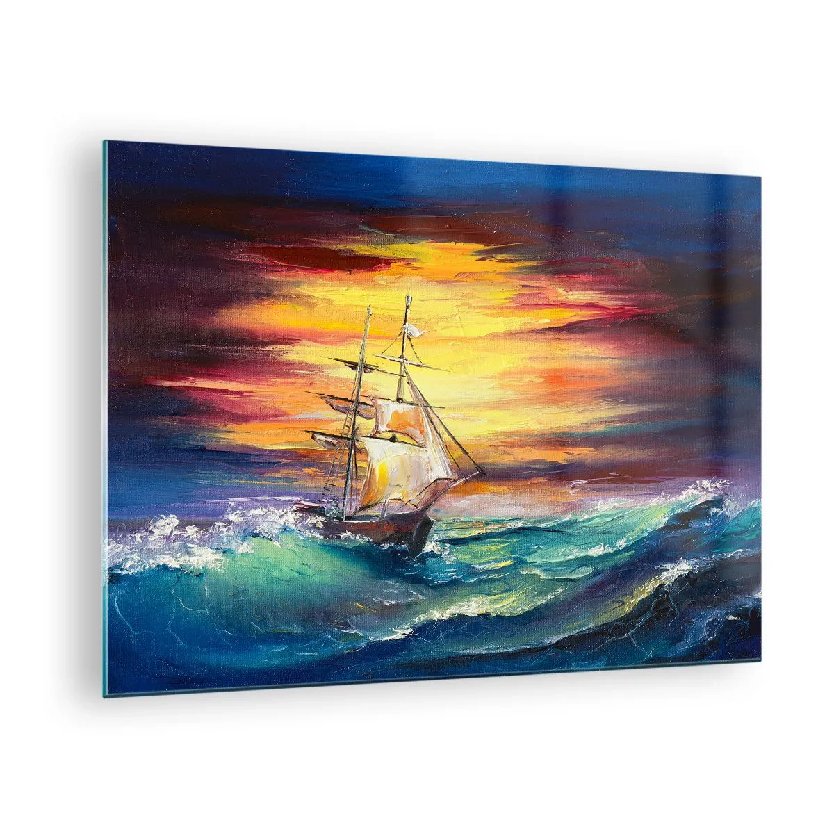 Obraz na szkle - Statek na wzburzonym morzu o zachodzie słońca - 70x50cm - Dzielnie pod fale - Nowoczesna dekoracja ścienna do salonu i sypialni ARTTOR