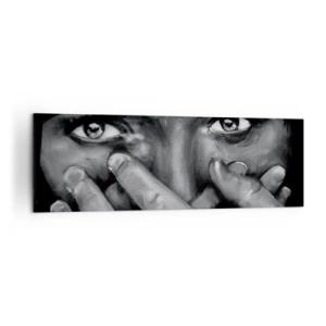 Obraz na płótnie - Czarno-biały portret kobiety zakrywającej twarz dłońmi - 160x50cm - Nie powiem, kto namalował - Nowoczesna dekoracja ścienna do salonu i sypialni ARTTOR