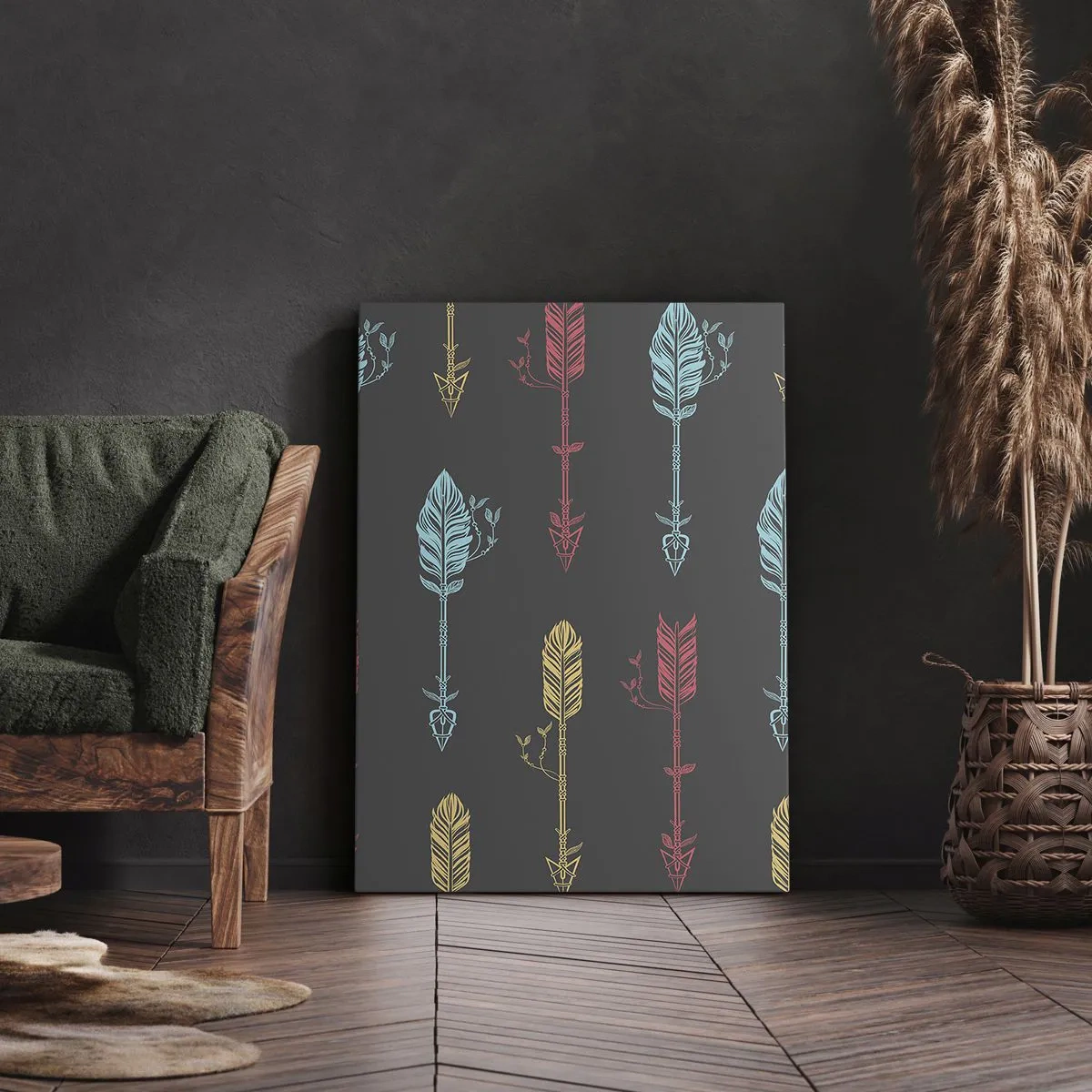 Obraz na płótnie - Stylizowany wzór strzał w pastelowych kolorach na ciemnym tle - 70x100cm - W ordynku - Nowoczesna dekoracja ścienna do salonu i sypialni ARTTOR