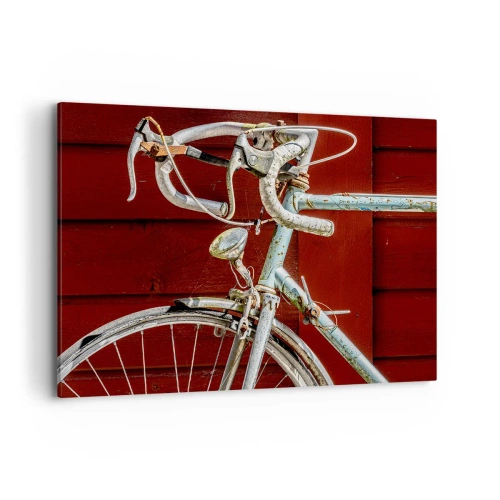 Obraz na płótnie - Zabytkowy rower na tle czerwonej drewnianej ściany - 100x70cm - Stworzony do zwycięstw - Nowoczesna dekoracja ścienna do salonu, kuchni i sypialni ARTTOR