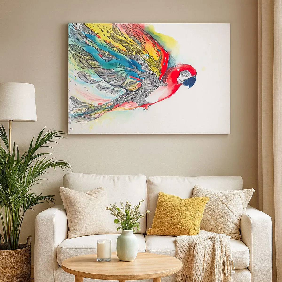 Obraz na płótnie - Kolorowa papuga w locie z abstrakcyjnymi wzorami na skrzydłach - 70x50cm - Żyj kolorowo - Nowoczesna dekoracja ścienna do salonu i sypialni ARTTOR