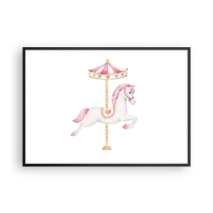 Plakat w czarnej ramie - Koń z karuzeli w pastelowych odcieniach różu - 100x70cm - Ruszył z kopyta - Nowoczesna dekoracja ścienna do salonu i sypialni ARTTOR