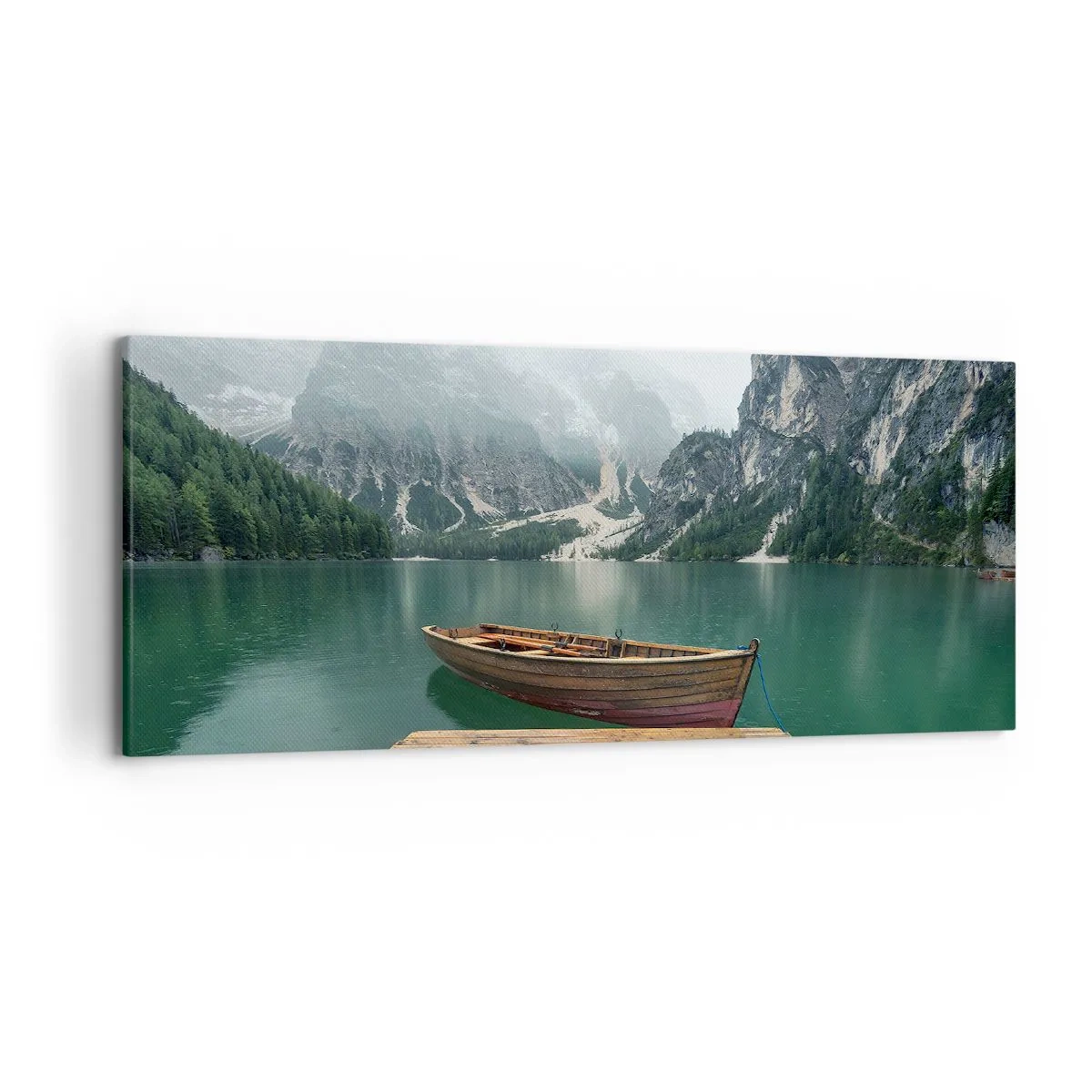 Obraz na płótnie - Drewniana łódź przy pomoście na jeziorze otoczonym górami - 120x50cm - "I dumne opoki czoła" - Nowoczesna dekoracja ścienna do salonu i sypialni ARTTOR