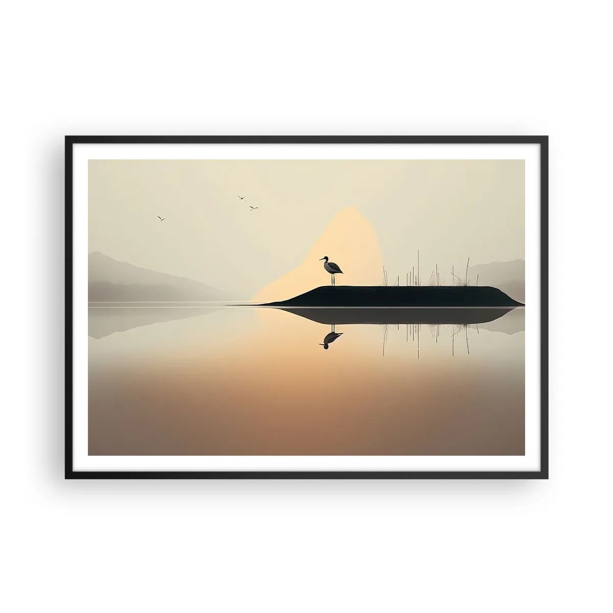 Plakat w czarnej ramie - Ptak na wyspie w spokojnym jeziorze o ciepłych odcieniach - 100x70cm - Pan na jeziorze - Nowoczesna dekoracja ścienna do salonu i sypialni ARTTOR
