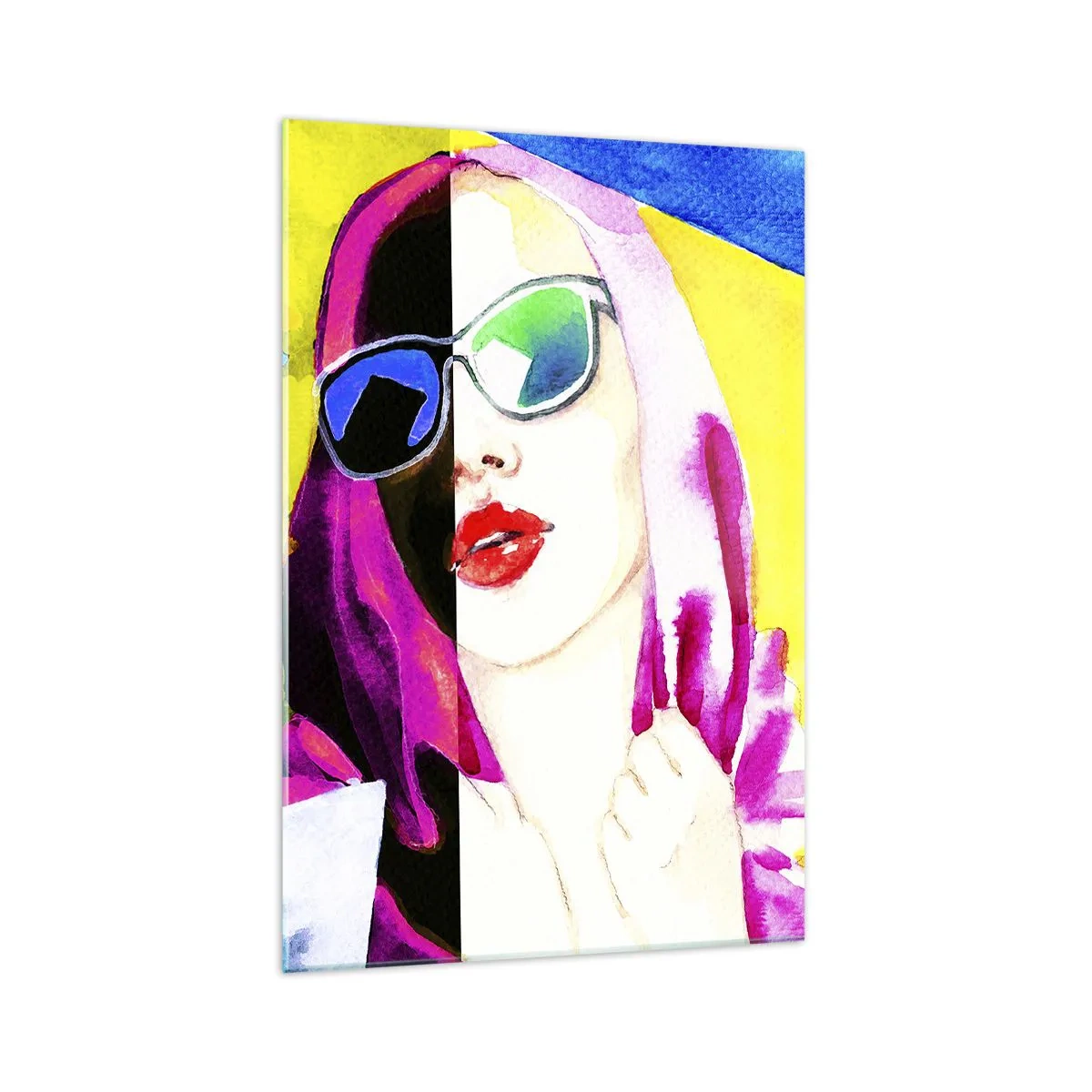 Obraz na szkle - Kolorowy portret kobiety w okularach przeciwsłonecznych - 70x100cm - Nie jestem biała i nie jestem czarna - Nowoczesna dekoracja ścienna do salonu i sypialni ARTTOR