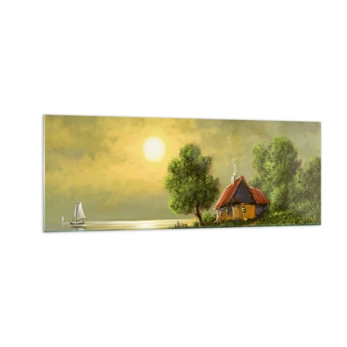 Obraz na szkle - Dom nad jeziorem w świetle zachodzącego słońca - 140x50cm - Pięknie, jak z obrazka - Nowoczesna dekoracja ścienna do salonu i sypialni ARTTOR